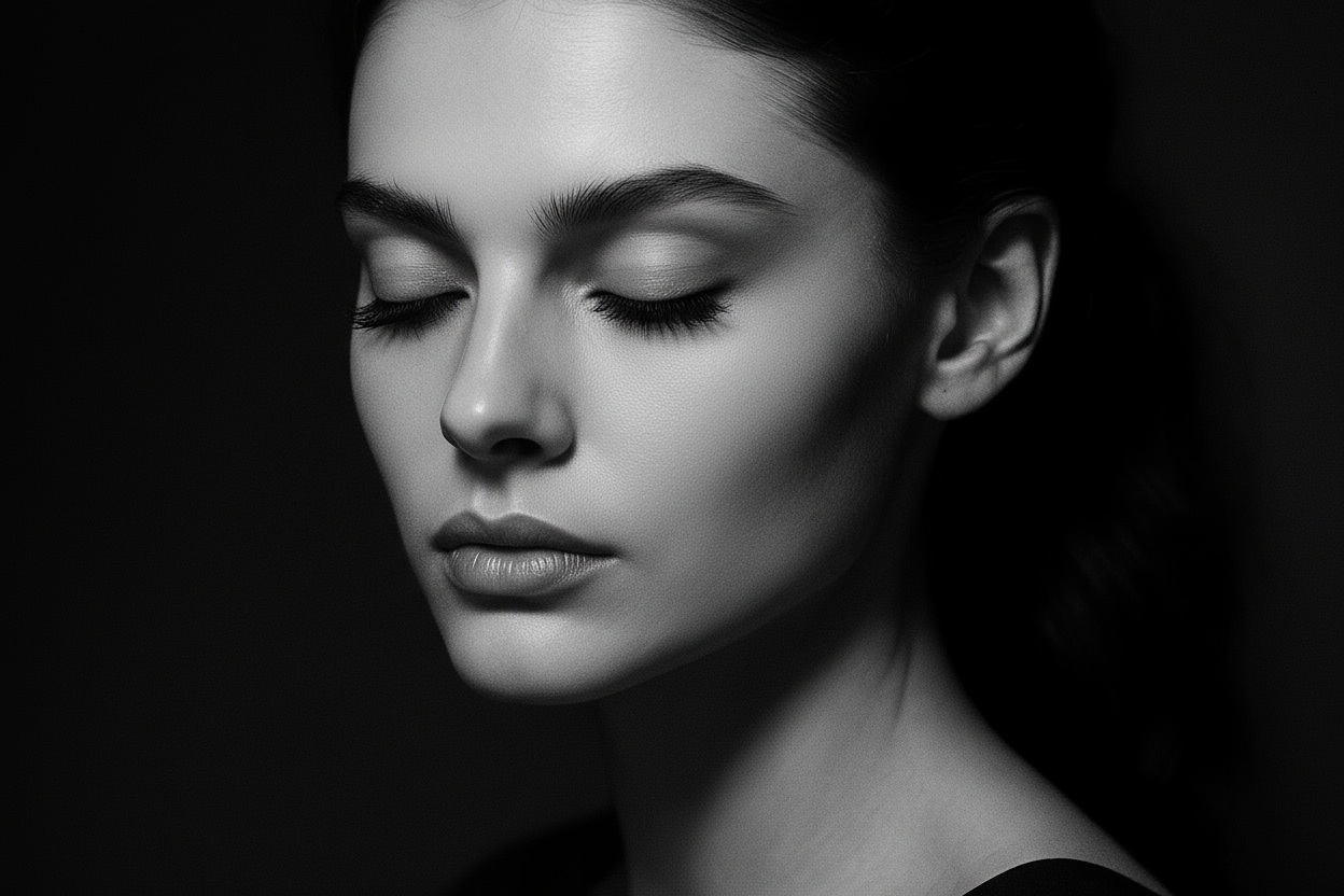 GIRL WITH LONG EYELASHES, MONOCHROME