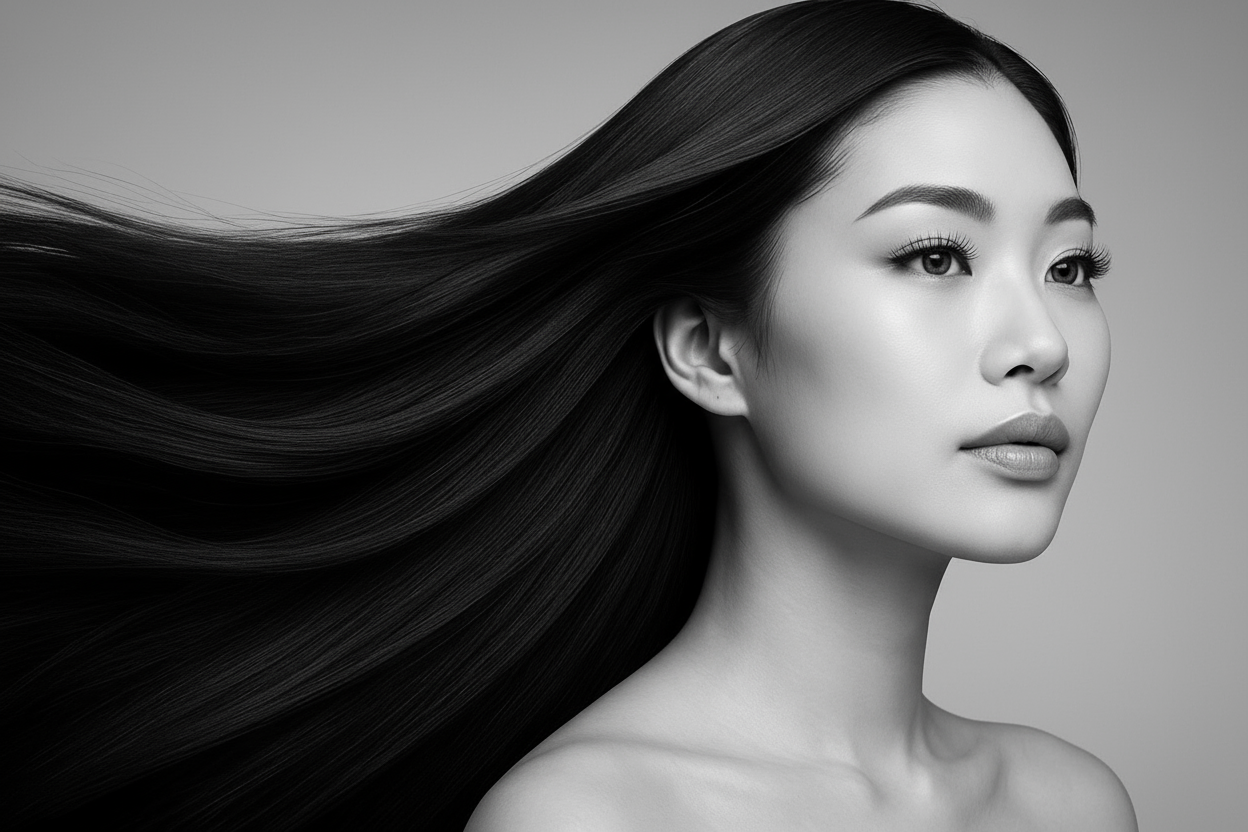 long hair asian woman with long eyelashes for promoting hair growth serum and eyelash growth serum, make it monochrome, and look commercial. 